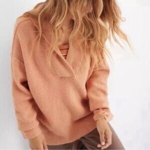 Aerie CozyUp Waffle Sweater Hoodie Oversized Knit Peach Orange